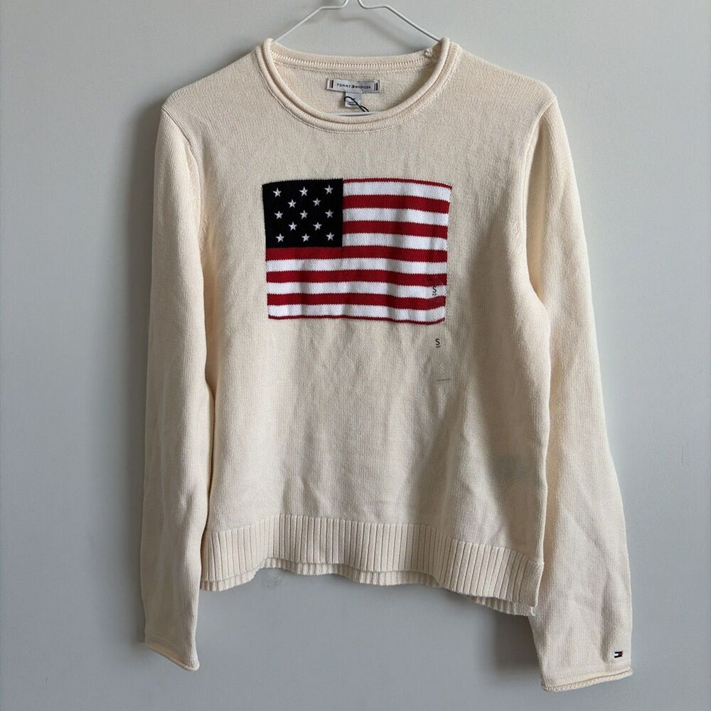 Tommy Hilfiger Women’s American Flag Knit Crewneck Sweater Cream Small NWT